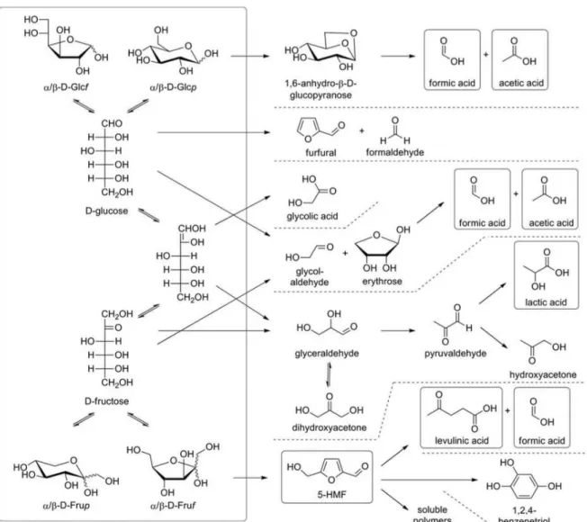 Figure 1.33: Main reaction pathways of glucose and fructose in subcritical water. (Möller et al., 2011)