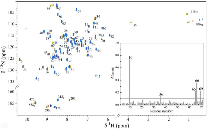 Fig 3.13 Overlay of the 2D  1 H,  15 N HSQC NMR spectra of  15 N-enriched PpcA (0.5 mM) in the presence of  increasing amounts of AH 2 QDS, at 298 K