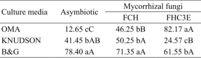 Table  1.  In vitro   asymbiotic  and  symbiotic  germination  percentages of  Cycnoches haagii seeds, at 90 days  after the inoculation in culture media.