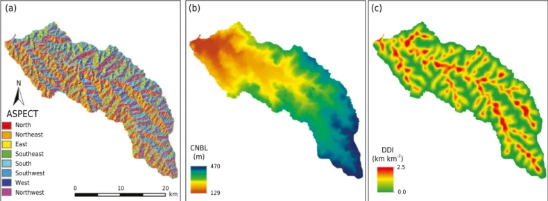 Figure 3. Covariables selected in the three methods tested. Slope orientation (a); channel network base level (b); drainage density  index (c)
