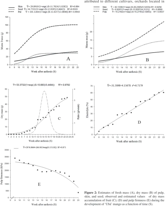 Figure 2: Estimates of fresh mass (A), dry mass (B) of pulp, skin, and seed; observed and estimated values   of dry mass accumulation of fruit (C); (D) and pulp firmness (E) during the development of ‘Ubá’ mango as a function of time (S).
