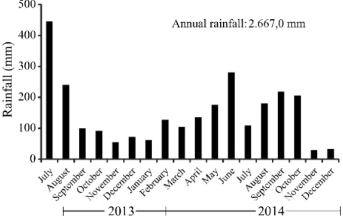 Figure  1 - Rainfall during the period of the experiment (July 2013 to December 2014), Ribeirão, Pernambuco, Brazil