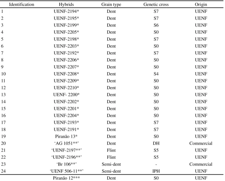 Table 1 - Description of 19 topcross hybrids, five controls, and one genetic tester according to grain type, genetic cross, and origin.