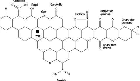 Figura 4 - Representação esquemática dos principais grupos oxigenados que se podem encontrar num carvão  activado (Bansal et al