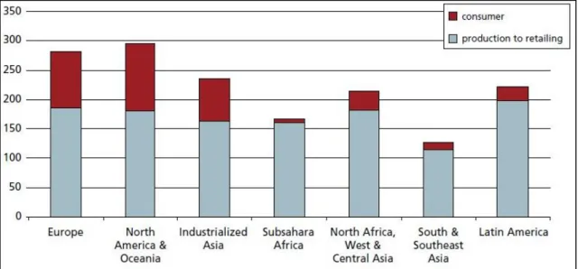 Figure 3 - Food losses and waste, at consumption and pre-consumption stages (kg), in 2007