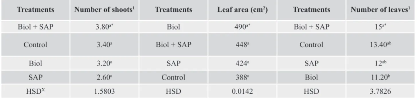 Table 3. Comparison of means for the variables number of shoots, leaf area, and number of leaves in plants Heliconia  (Heliconia psittacorum cv