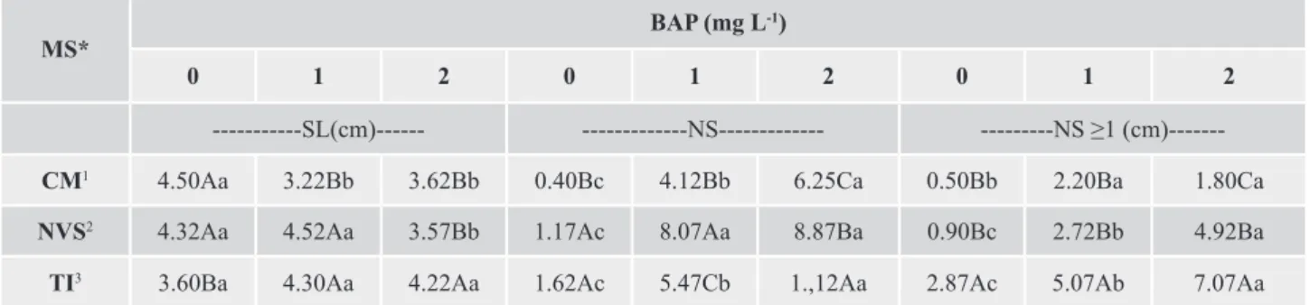 Table 1 . Shoot length (SL), number of shoots (NB) and number of shoots larger or equal than 1 cm (NS ≥ 1) of  in vitro  A