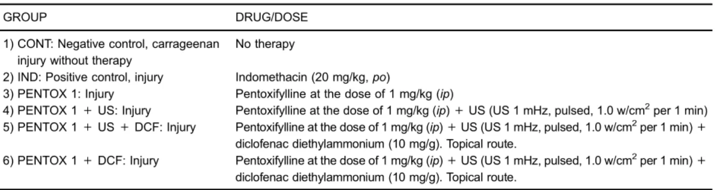 Table 2. Protocol 2 for evaluation of the anti-in ﬂ ammatory and antinociceptive effect of phonophoresis associated with pentoxifylline in paw edema tests.