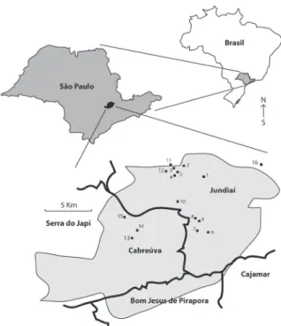 Figura 1. Localização geral da Serra do Japi, entre os municípios  de Jundiaí, Cabreúva, Bom Jesus de Pirapora e Cajamar, Estado  de São Paulo, Sudeste do Brasil