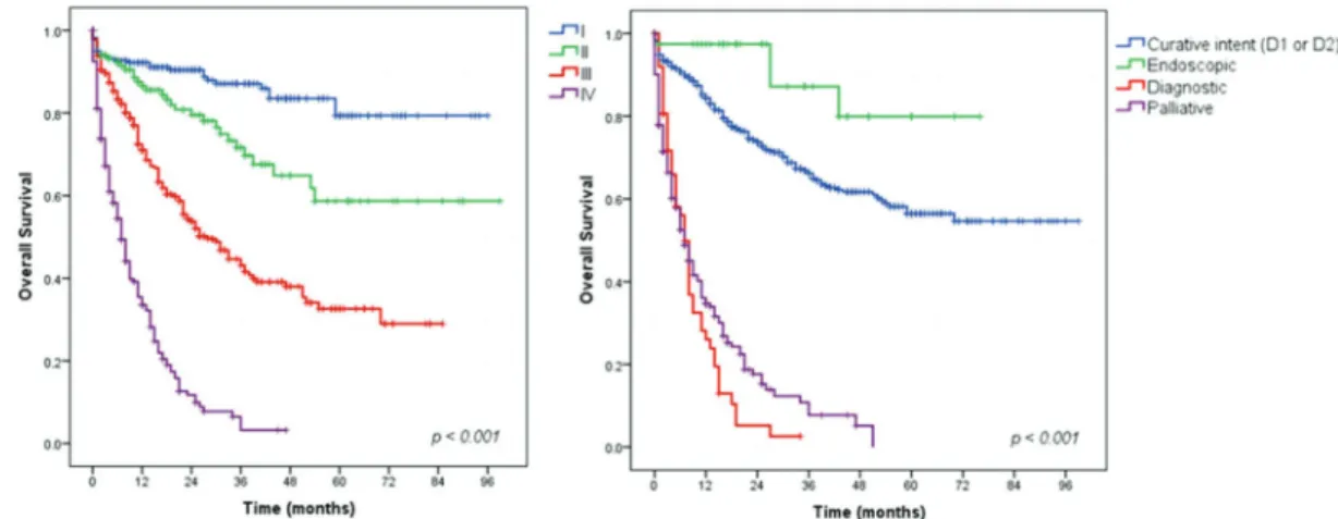 Figure 1 - Survival curves for gastric adenocarcinoma patients according to cTNM stage and surgical intent.