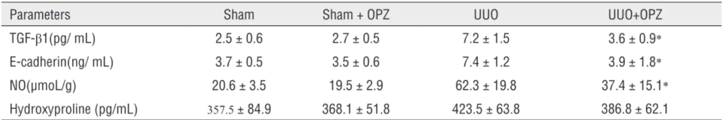 Table 1 - TGF-β1, E-cadherin, NO and Hydroxyproline levels in kidney.