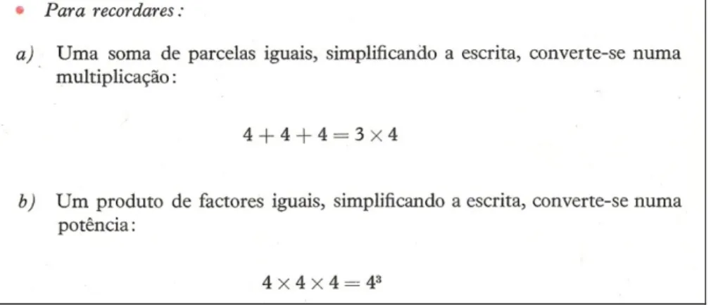 Figura 4.3 - Distinção entre soma e produto de fatores iguais (pág. 37) (Costa &amp; Anjos, Compêndio de  Matemática, 2º ano (1º volume))