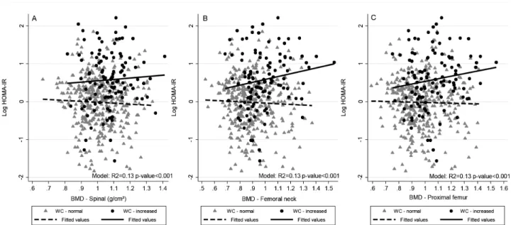 Figure 1. Scatter and linear prediction between BMD and Log HOMA1-IR according to WC in 468 young adults, 2002-2004 Ribeirão Preto, Brazil, fourth  cross-sectional evaluation