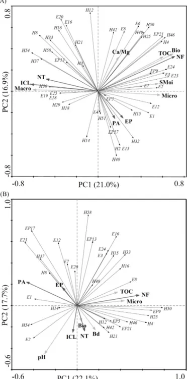 Figure 1. Principal component analysis (PCA) for springtails morphotypes  and physiochemical attributes in native forest (NF), eucalyptus plantations  (EP), pasture (PA), integrated crop-livestock (ICL) and no-tillage (NT) systems  during winter (A) and su