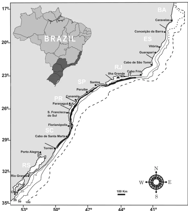 Figure 1. Areas of legal practice of pair trawling fishing in the State of São Paulo (Espírito Santo to Rio Grande do Sul)
