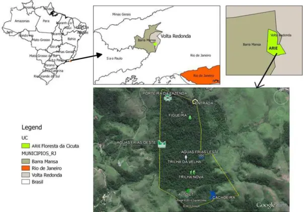 Figure 1. Localization of the Cicuta Forest ARIE, in the state of Rio de Janeiro and the sampling sites within its  boundaries