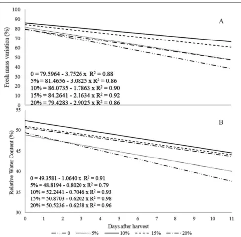 Figure 2 - Regression curves between fresh mass variation (A) and relative water content (B)  with days after harvest of aster stems under conditioning using sucrose concentrations