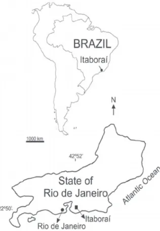 Figure 1 - Location map showing the region and coordinates  of the Itaboraí Basin, São José de Itaboraí, rio de Janeiro,  Brazil (22º45’9.9144’’S, 42º51’53.5536’’W)