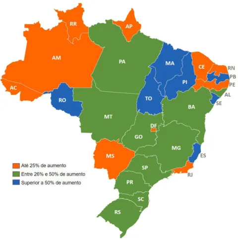 Figura 2. Percentual de crescimento da relação vagas de residência por 100.000 habitantes  entre 2013 e 2015.