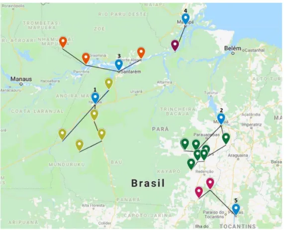 Figure 1. Map with routes to the pole cities and municipalities - GES/PA Source: DDES/MEC and Google Maps