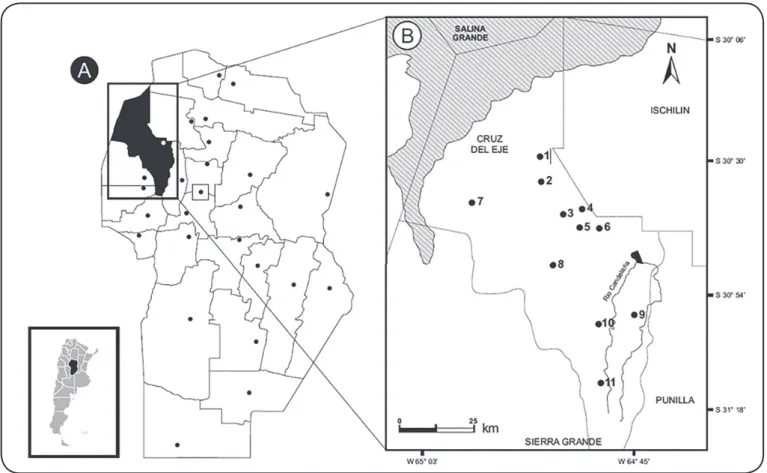 FIGURE 1: A: Location of Cruz del Eje, Córdoba province, Argentina. B: Map of the study area