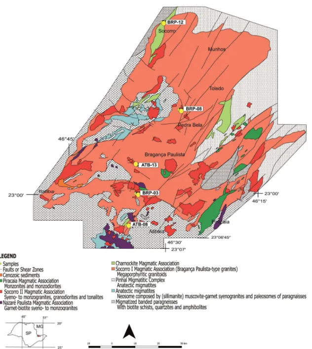 Figure 2. Geological map of the Socorro Batholith (modified from Artur 2003) with location of dated samples.