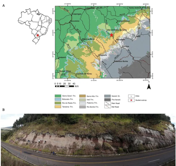 Figure 1. (A) Map of the study area in the Paraná State, showing the São Jerônimo da Serra Site (red star) within  the Rio do Rasto Formation, southern Brazil