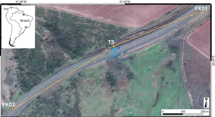 Figure 1. Study area location in Brazil (inset). Positioning of the total station (TS), fixed points (FX01 and FX02)  and targets distributed on the outcrop surface (blue points).