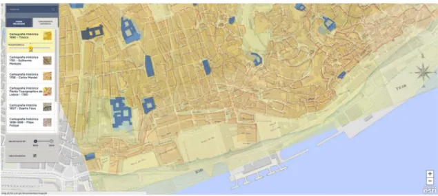 Figura 3.1: Demonstração do mapa interativo do LxConventos com a representação a azul dos edifícios religiosos existentes.