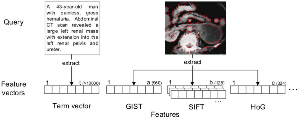 Figure 1.2: Example feature vectors for a multimodal query (text and images) and the corresponding features.