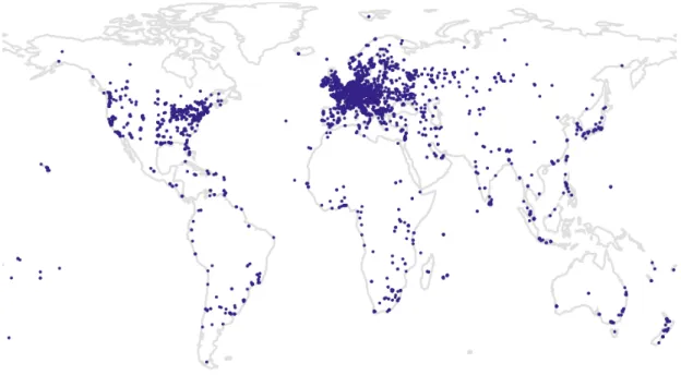 Figure 3.1: Locations of more than 7,900 vantage points from RIPE Atlas, taken from [11]