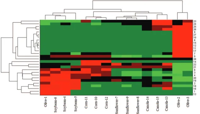 Figure 3. Heatmap referring to the main m/z obtained from the DI-ESI(+)-MS data for all the oils.