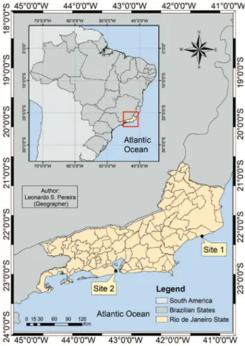 Figure 1. Map of Brazil and Rio de Janeiro State indicating sampling  localities.