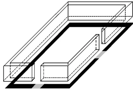 Figure 2 - Representation of an environment (rectangular format with two exits) in perspective view and  its respective top proj ection (no scale) 