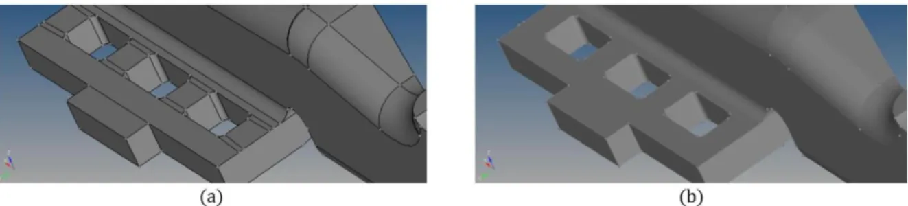 Figure 4: Part of the lock device treated for meshing: a) before; b) after geometry repairs 
