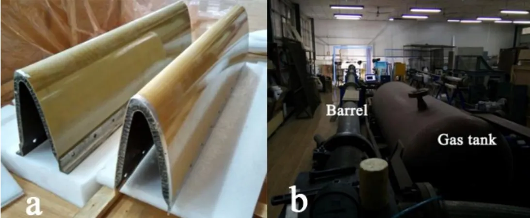 Figure 12: Birdstrike experiment, (a) wing leading edge, (b) air-gun. 