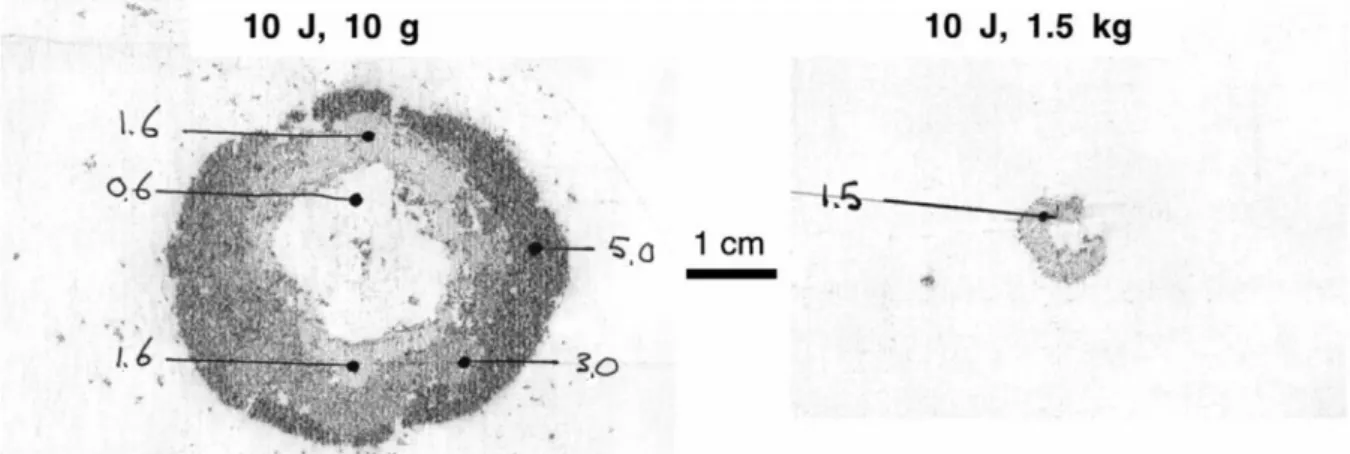 Figure 4: Response and damage caused by small- and large-mass 10 J impactors. (Olsson, 2000)