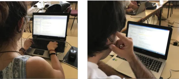 Figure 4.21  –  Study D.2: One participant in the training session (left) and another in the testing ses- ses-sion (right), with the tutorial to the left