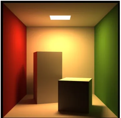 Figura 1.1 0 As caixas clássicas de Cornell onde se vê  claramente  a  influência  da  cor  das  paredes  nos  objectos da cena e nas sombras dos mesmos