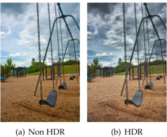 Figure 2.5: Example of a picture taken with (a) Standard Dynamic Range versus (b) the same picture with High Dynamic Range.