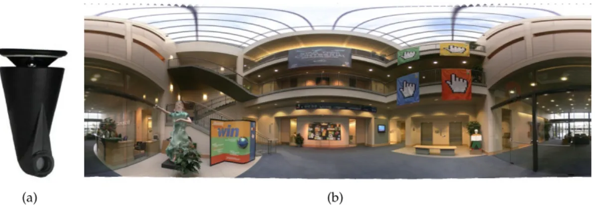 Figure 2.6: Image of attachable lens for iPhone, GoPano micro (a), and panorama made by the second algorithm described at Szeliski and Shum [SS97] with distortion at the north pole.