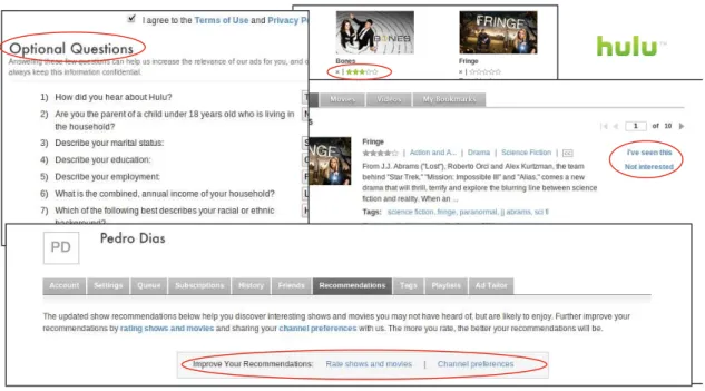 Figure 1.3: Hulu’s rating scale, demographic data solicitation and Improve Your Recom- Recom-mendations feature.