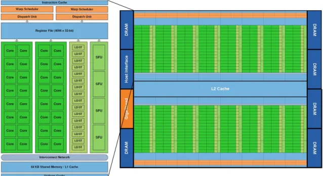 Figure 2.1: The architecture of the NVIDIA Fermi. Edited from figures in [Cor09]