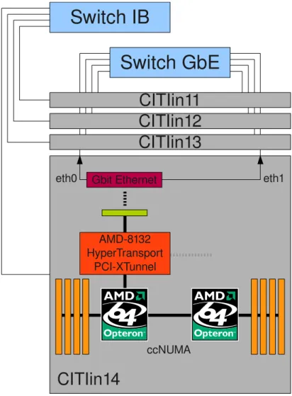 Figura 3.1: Representa¸c˜ ao do cluster. A liga¸c˜ ao entre os processadores faz-se atrav´es de HyperTrans- HyperTrans-port a 1GHz