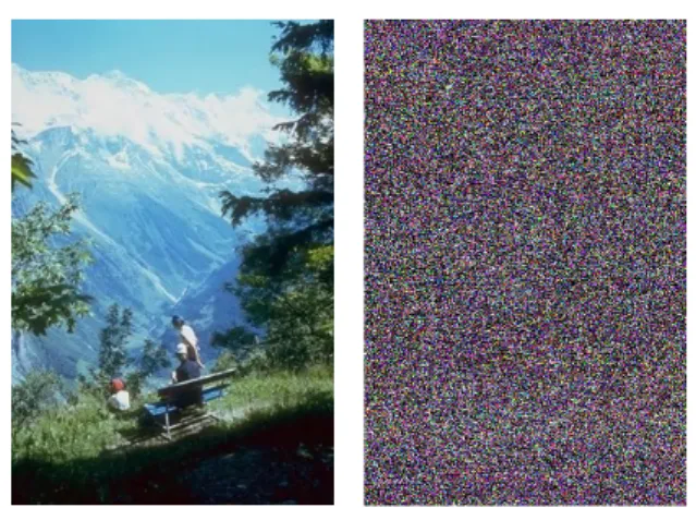Figure 4.2: Example image from the Holidays dataset and its encryption with IES-CBIR.