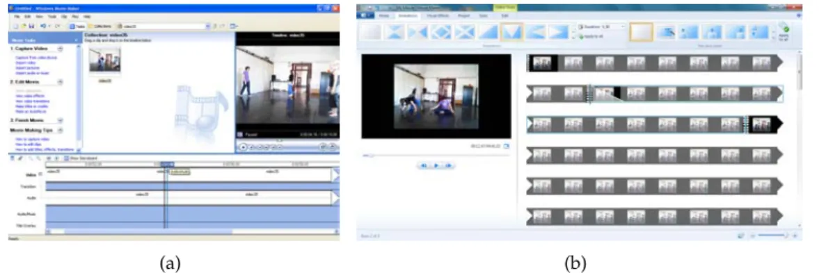 Figure 2.17: Editing software: linear timeline vs multiple rows.(a) Windows Movie Maker 5.1