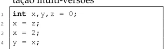 Figura 3.6: Grafos de dependências do fragmento de código ilustrado na Listagem 3.8 Na nossa representação multi-versões, é criada uma nova versão de uma  determi-nada variável cada vez que esta é afectada