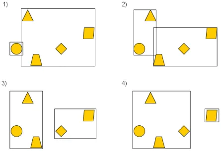 Figure 2.5 Possible object partitions along a single coordinate axis. SAH method tries to find the mini- mini-mum total volume.
