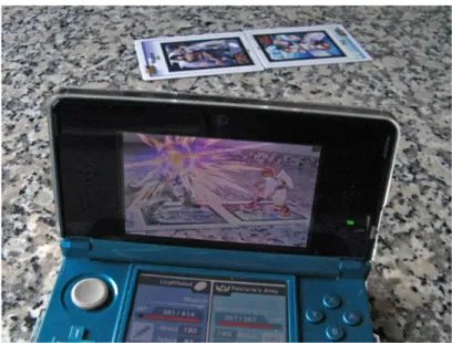 Figure 2.5: Kid Icarus Uprising uses a marker-based technique for its AR game mode Feature-based methods rely on points, edges, textures and other naturally occurring features to determine the camera’s pose