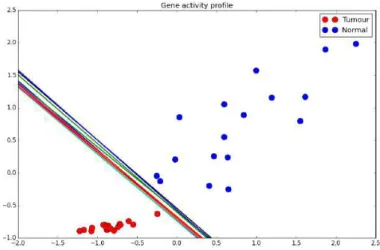 Figure 2.10: Di ff erent runs of the Logistic Regression classifier result in di ff erent positions of the frontier that separates both classes